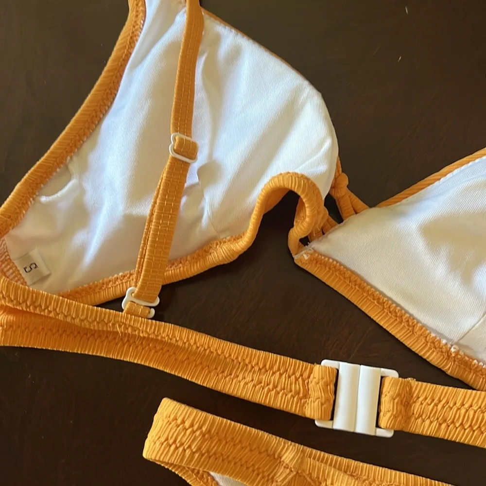 Marigold Yellow Ribbed Triangle Bikini Set Center Ladder Detail Cheeky Small - Picture 12 of 14